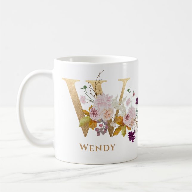 Brev W - Guld Blommigt Namn systervän till medarbe Kaffemugg (Vänster)