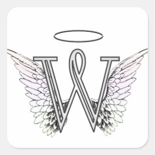 Brev W Initial Monogram med Angel Vingar & Halo Fyrkantigt Klistermärke