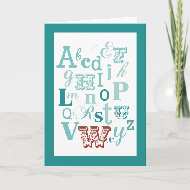 Brev W Initial Namn Alphabet Birthday Teal & Red Kort (Framsida)