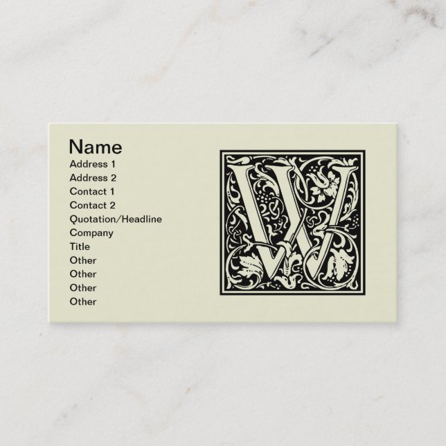 Brev W Medieval Monogram Art nouveau Visitkort (Framsida)