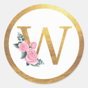 Brev W Monogram Rosa ros Blommigt och Elegant Guld Runt Klistermärke