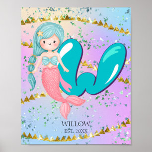 Brev W Monogram Watercolor Cute Sjöjungfru Nursery Poster