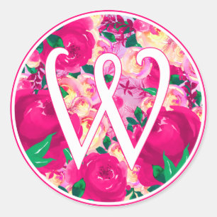 Brev W Rosa Watercolor Blommigt Circle Monogram Runt Klistermärke