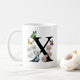 Brev X Blommig Fjäril Monogram Initial Kaffemugg