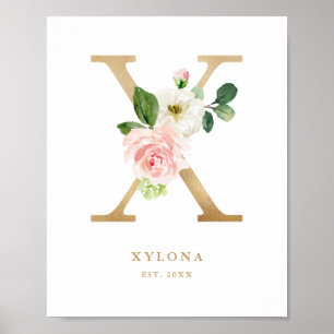 Brev X  Blommigt Monogram Guld Foil Nursery Poster