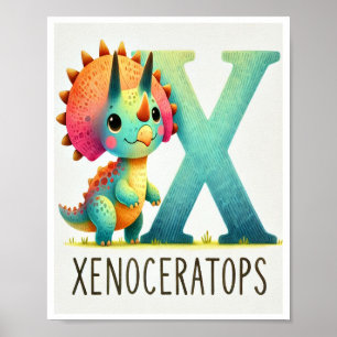 Brev X, Dinosaur Alphabet Watercolor Poster