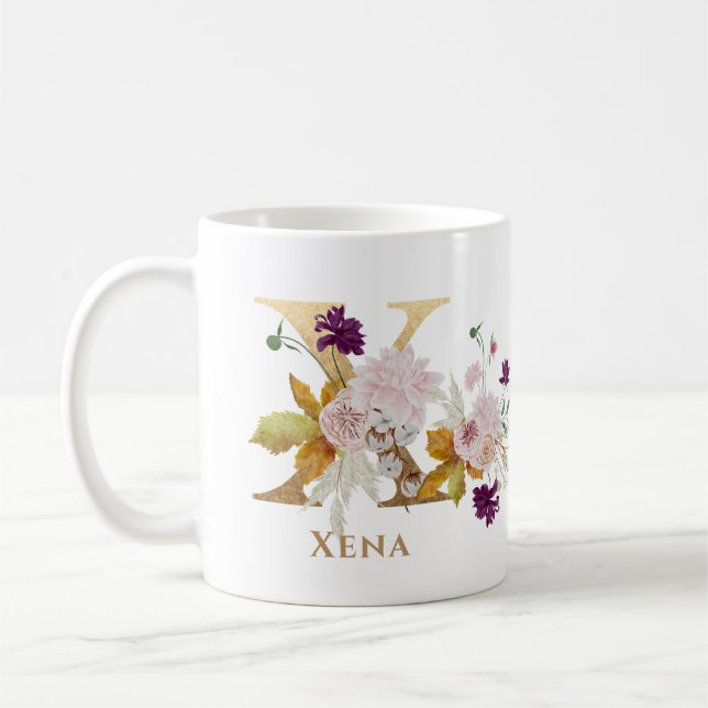 Brev X - Guld Blommigt Namn medarbetarvän i  Kaffemugg (Vänster)