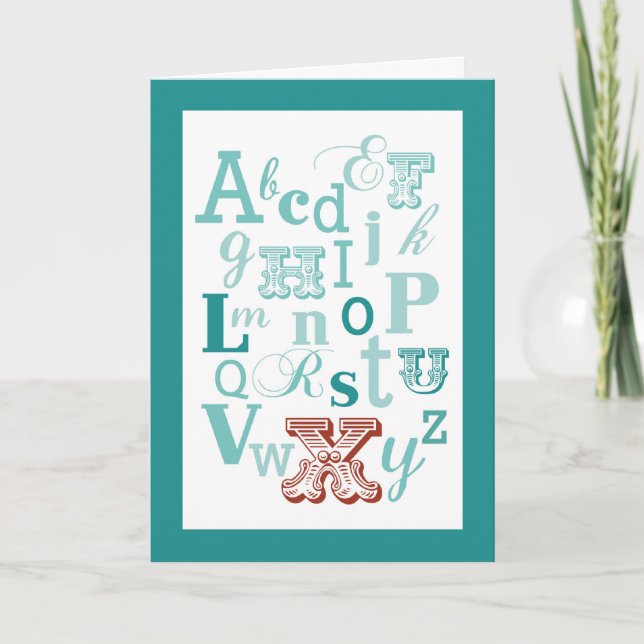 Brev X Initial Namn Alphabet Birthday Teal & Red Kort (Framsida)