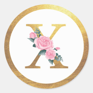 Brev X Monogram Rosa ros Blommigt och Elegant Guld Runt Klistermärke