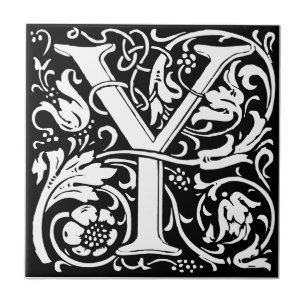 Brev Y art nouveau svart-vit plattan Kakelplatta
