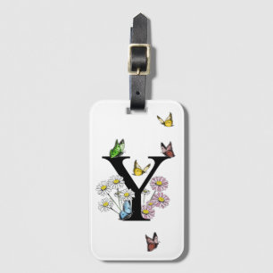 Brev Y Blommigt Butterfly Monogram Initial Bagagebricka