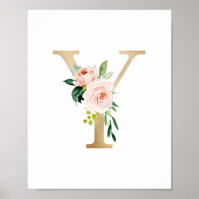 Brev Y  Blommigt Monogram Faux Guld Foil Poster (Framsidan)