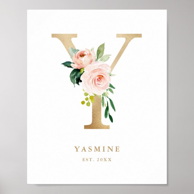 Brev Y  Blommigt Monogram Guld Foil Nursery Poster (Framsidan)