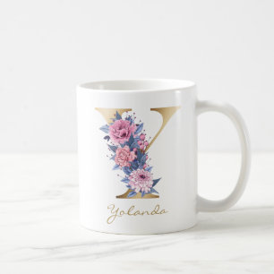 Brev Y Guld Monogram Rosa Blue Blommigt Kaffemugg