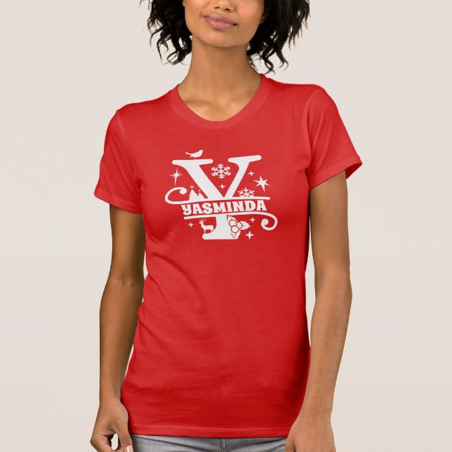 Brev Y jul Monogram Initial Namn Red  T Shirt (Framsida)