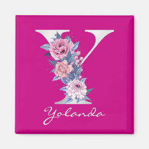 Brev Y Magenta Blommigt Vit metallmonogram Magnet