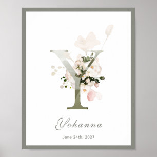Brev Y Monogram Rosa Blommigt Nursery Poster