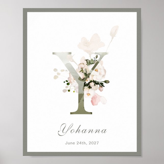 Brev Y Monogram Rosa Blommigt Nursery Poster (Framsidan)