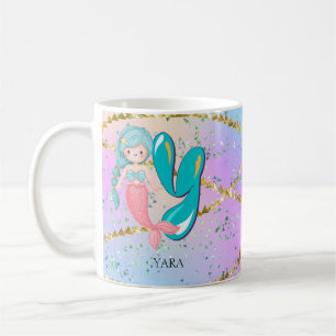 Brev Y Monogram Watercolor Cute Sjöjungfru Nursery Kaffemugg