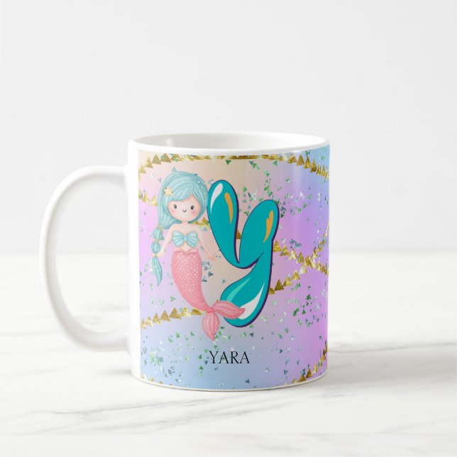 Brev Y Monogram Watercolor Cute Sjöjungfru Nursery Kaffemugg (Vänster)