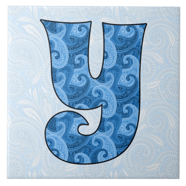 Brev Y - Monogrammed Blue Paisley 6 tum Tile Kakelplatta (Framsidan)