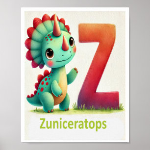 Brev Z, Dinosaur Alphabet Watercolor Poster