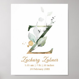 Brev Z grönt & guld blad Baby Birth Poster