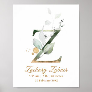 Brev Z grönt & guld blad Baby Birth Poster