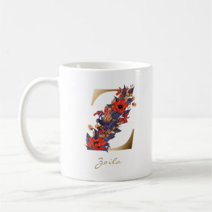 Brev Z Guld Monogram Red Lila Gult Blommigt Kaffemugg