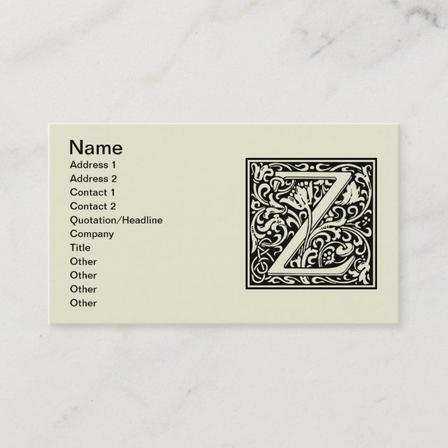 Brev Z Medieval Monogram Art nouveau Visitkort (Framsida)