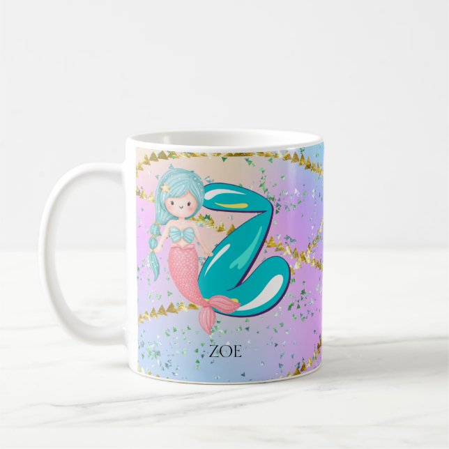 Brev Z Monogram Watercolor Cute Sjöjungfru Nursery Kaffemugg (Vänster)