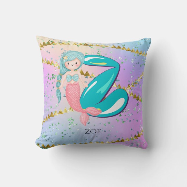 Brev Z Monogram Watercolor Cute Sjöjungfru Nursery Kudde (Framsida)