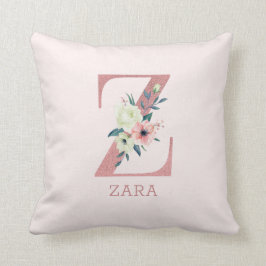 Brev Z Rosa Watercolor Blommigt Monogram Nursery Kudde