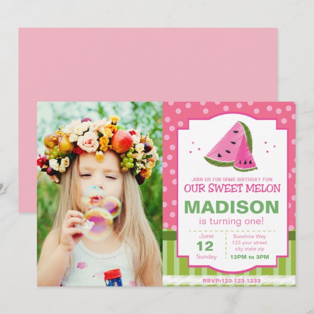 Brevad Watermelon Birthday-inbjudan med foto Inbjudningar (Fram/baksida)