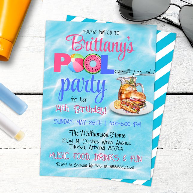 Brevbords-bak-Party-födelsedagsinbjudan till Bassä Inbjudningar (Backyard Barbeque Birthday Pool Party Invitation with Tropical aesthetics and sweet tea)