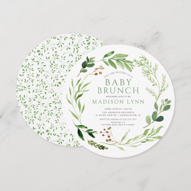 Brevinbjudan till Botaniskt Grönt Löv Baby Brunch Inbjudningar (Fram/baksida)