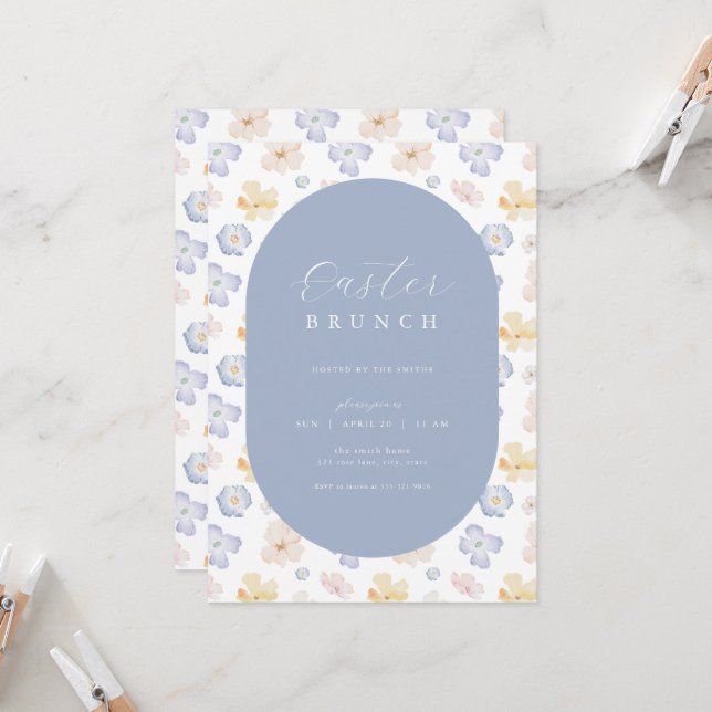 Brevinbjudan till gult Blue Flower Påsk Brunch Inbjudningar (Fram/Back In Situ)