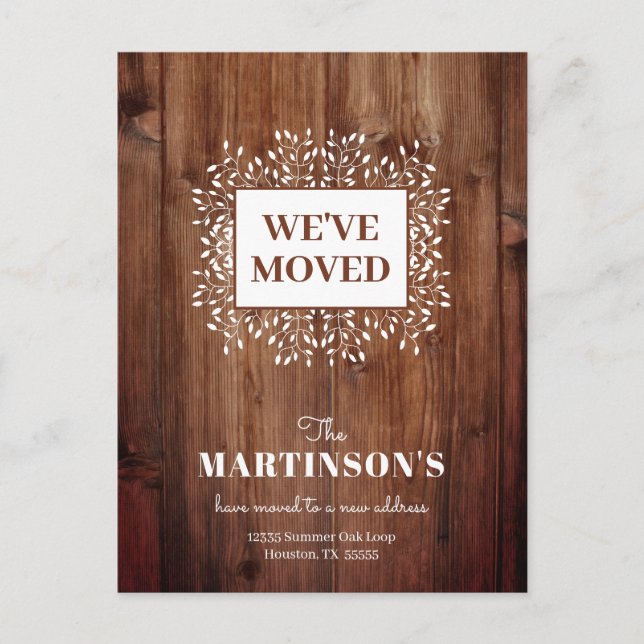 Brevkort för ändring av Rustic Vi har flyttat Vykort (Framsida)