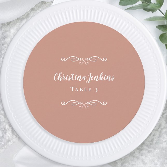 Brevkort för gästplats i Bröllop Elegant, Guld Inbjudningar (Wedding Elegant Pink Blush White Round Custom Guest Dinner Table Place Card)