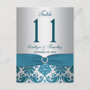 Brevkort för tryckt RIBBON Teal Damask-Bordsnummer Vykort