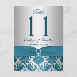 Brevkort för tryckt RIBBON Teal Damask-Bordsnummer Vykort