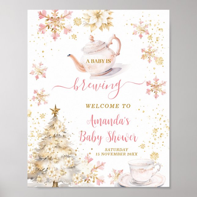 Brewing Pink Winter Tea Party Baby Shower Welcome Poster (Framsidan)