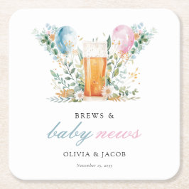 Brews & Baby News Gender Reveal Party Underlägg Papper Kvadrat