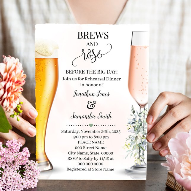 Brews & Ro före den stora dagen för repetitionsgre Inbjudningar (Brews and Rose Before Big Day Rehearsal Dinner Invitation, Greenery Wedding, Couples Shower)