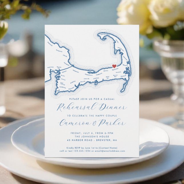 Brewster MORSA Avslappnad Bröllop Rehearsal Dinner Inbjudningar (Brewster MA Casual Cape Cod Wedding Rehearsal Dinner Invitation in Navy Blue from Coastal Map Design)
