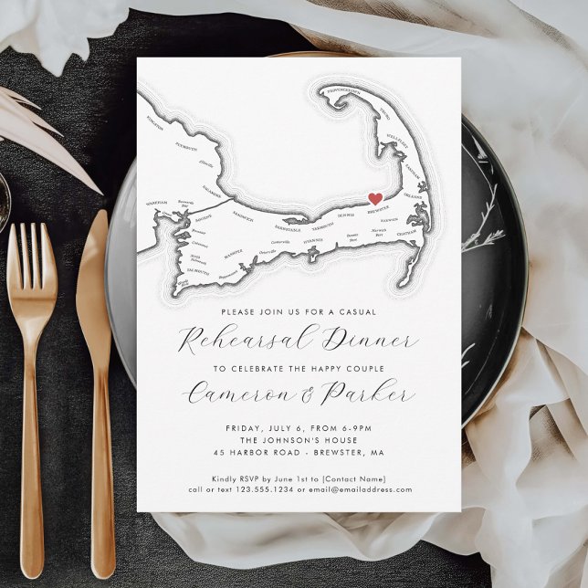 Brewster MORSA Avslappnad Bröllop Rehearsal Dinner Inbjudningar (Brewster MA Casual Wedding Rehearsal Dinner Invitation in Black and White from Coastal Map Designs)