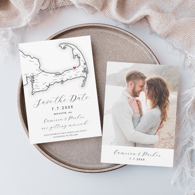 Brewster MORSA Cape Cod Karta Black and White Bröl Spara Datumet (Brewster MA Cape Cod Map Save the Date with Photo in Elegant Modern Black and White)