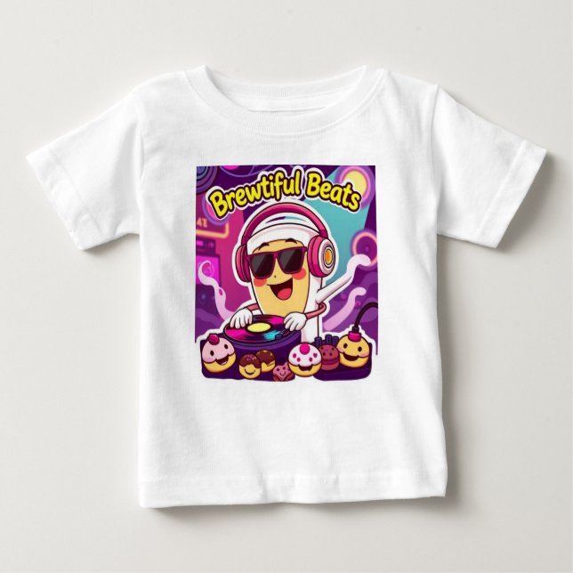 "Brewtiful Beats - DJ Coffee Kopp Tecknad Sticker" T Shirt (Framsida)