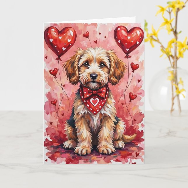 Briard Valhund Sittande med Hjärtan Röda Kort (Gul blomma)
