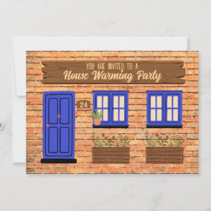 Brick House med Blue Door House Warming Party Inbjudningar